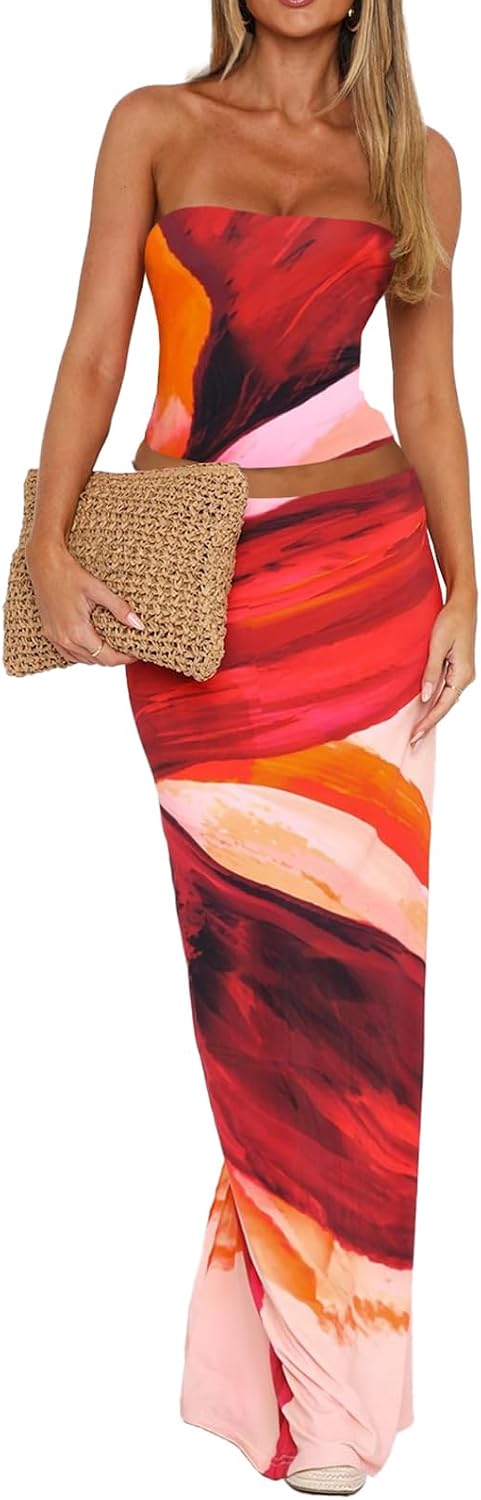 Goafuliy 2 Piece Skirt Sets for Women Summer, Floral Sleeveless Tube Top Bodycon Maxi Skirts Y2k Vacation Going Out Outfits