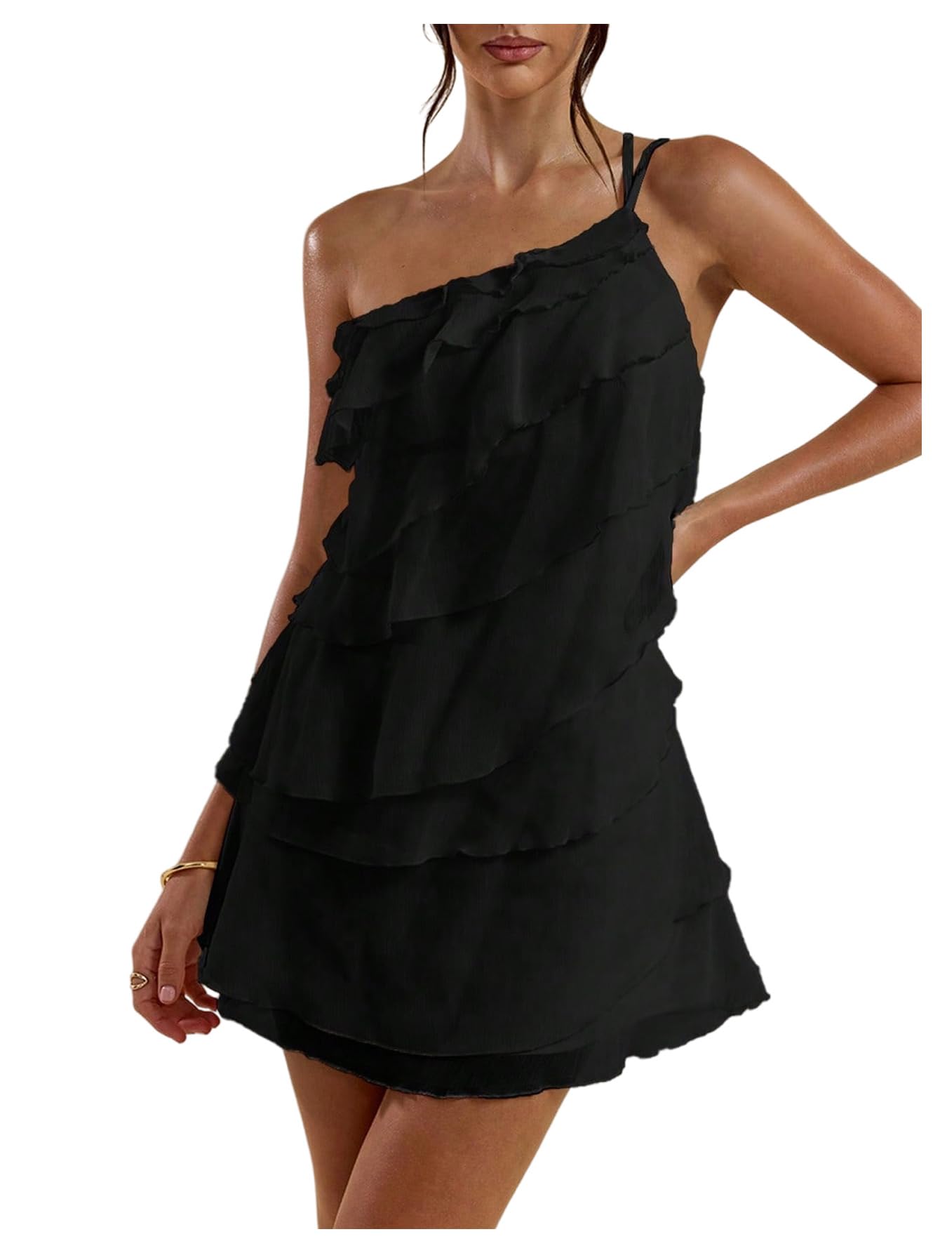 SOLY HUX Women's One Shoulder Ruffle Mini Dress | Ruffle,Mesh,Layered,Backless,Party Dresses,Cocktail
