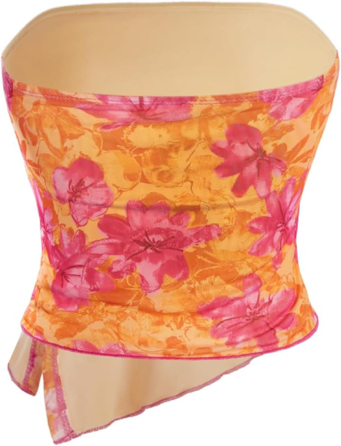 Milumia Women Floral Summer Mesh Ruched Tube Top Y2k Going Out Crop Tops | Strapless Tropical Hawaiian Tank, Vacation Outfits, Beach, Bandeau, Asymmetrical Split Hem