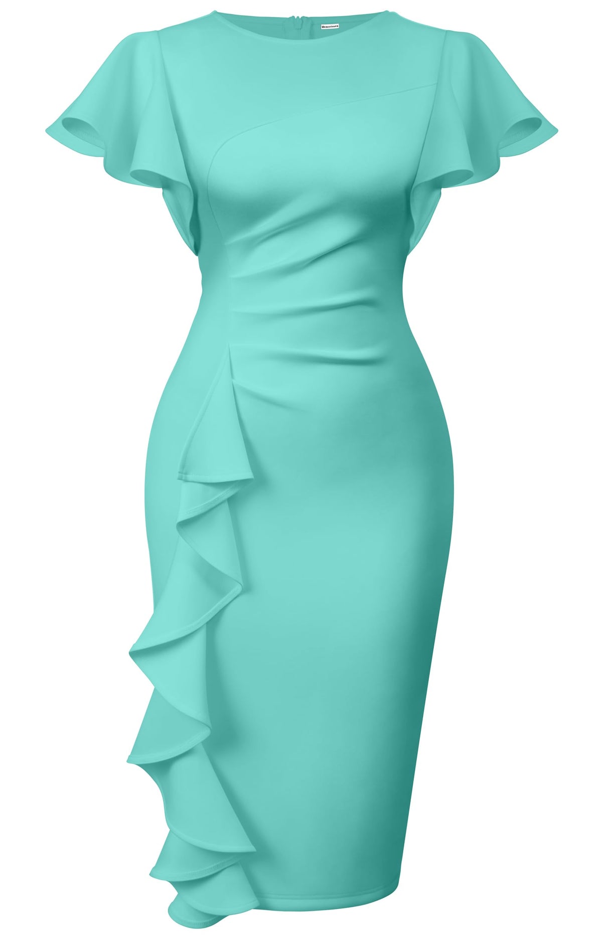 Memoriesea Women's Church Ruffle Sleeve Ruched Work Midi Dress | Back Zipper,Ruched Waist,Knee Length,Classic Sheath Outfits for Office Business Graduation Teacher Formal Cocktail Travel