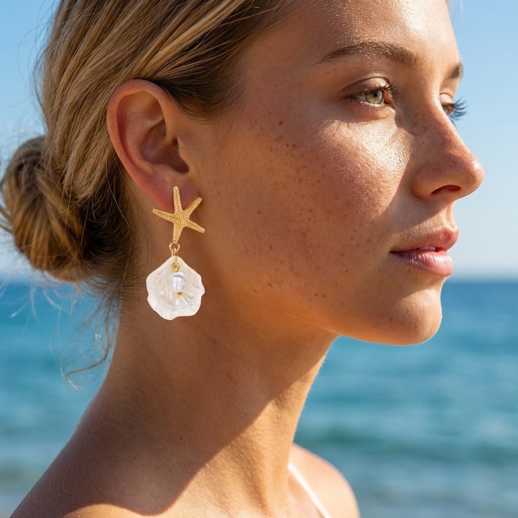 Starfish Shell Pearl Pendant Earrings for Women, Bohemian Beach Style