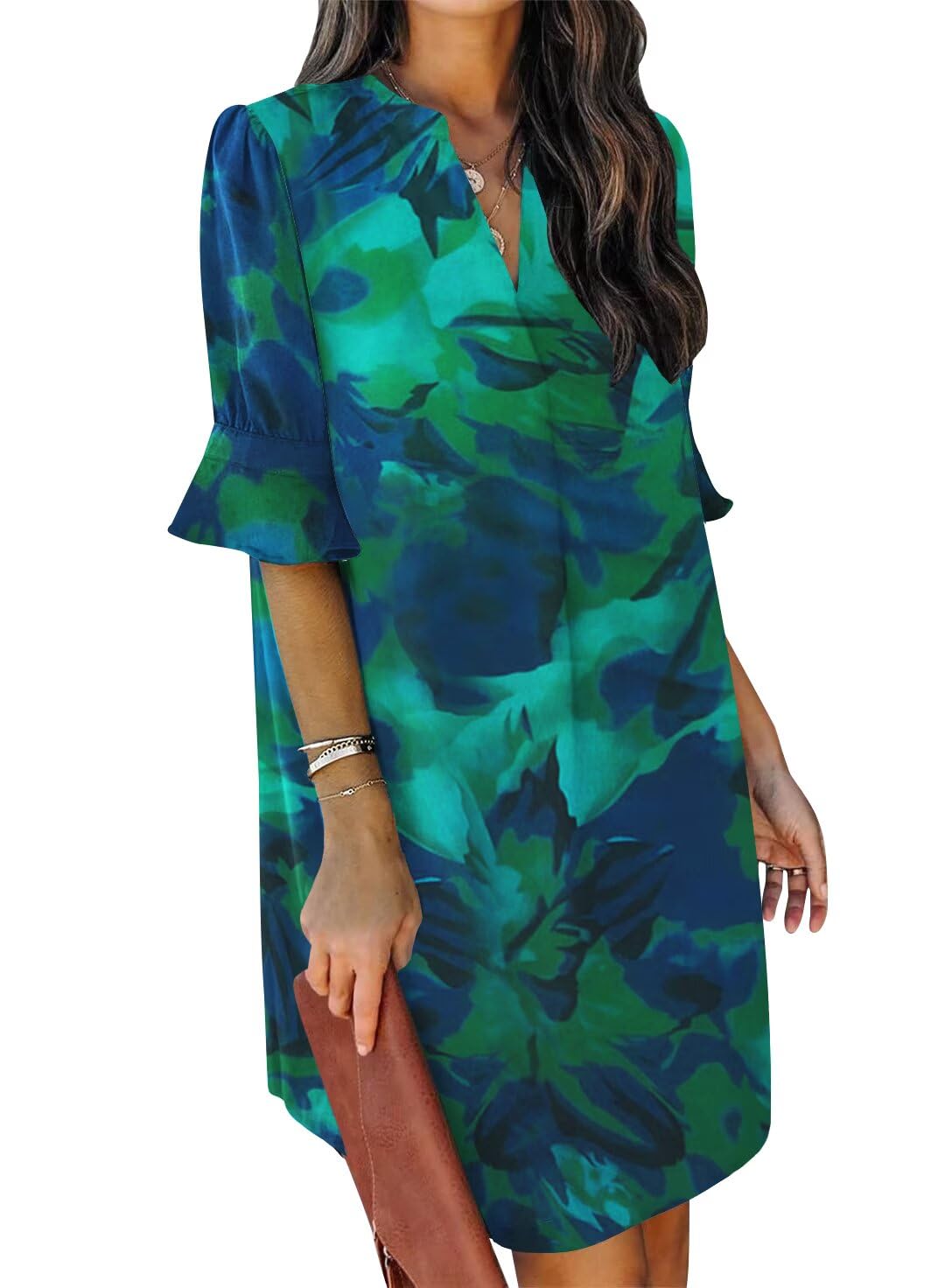 QACOHU Womens Summer Casual V Neck Shift Mini Dress | Flowy Swing Basic Dress, Ruffle Short Sleeve, Floral Boho Style, Wedding Guest Daily Work Clothes, Beach Vacation Outfits