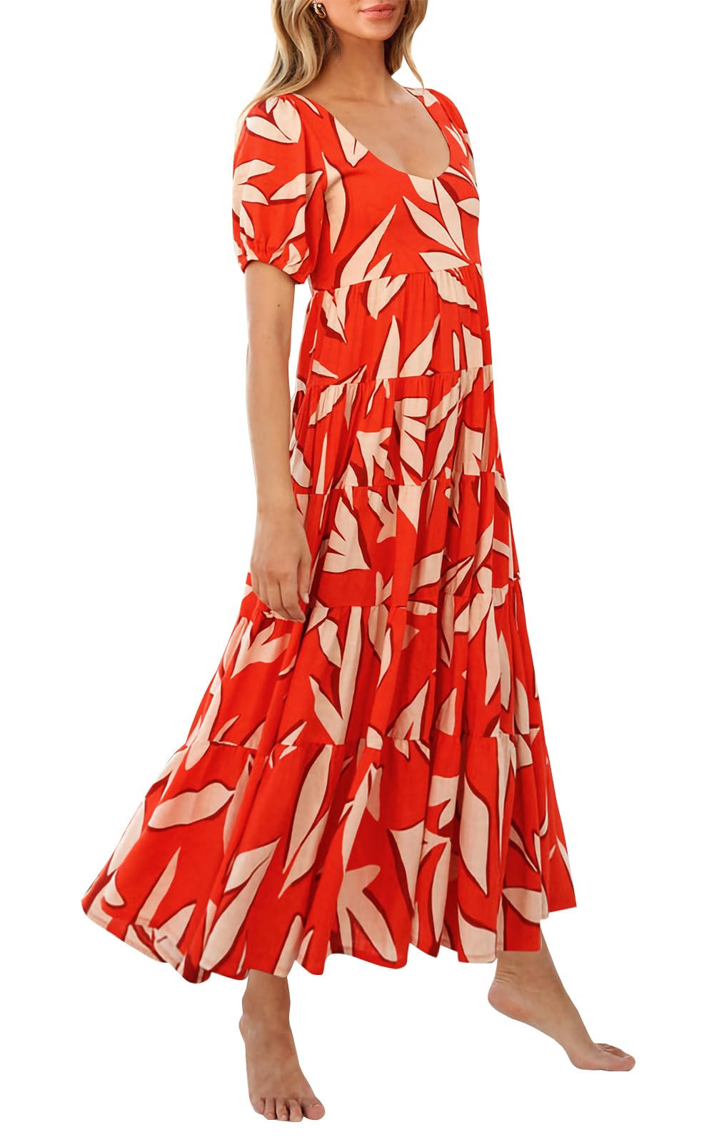 PRETTYGARDEN Puff Short Sleeve Cewneck Floral Long Fall Dresses for Women 2025 Flowy Tiered Hem Maxi Wedding Guest Dress