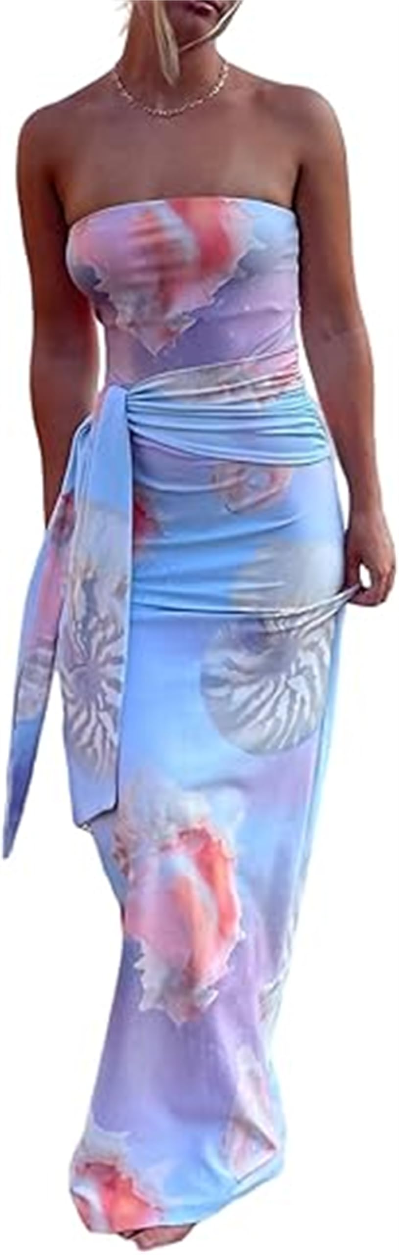 Women Strapless Floral Dress Bodycon Tube Printed Sleeveless Mesh Long Party Boho Beach Flowy Summer Maxi Dress