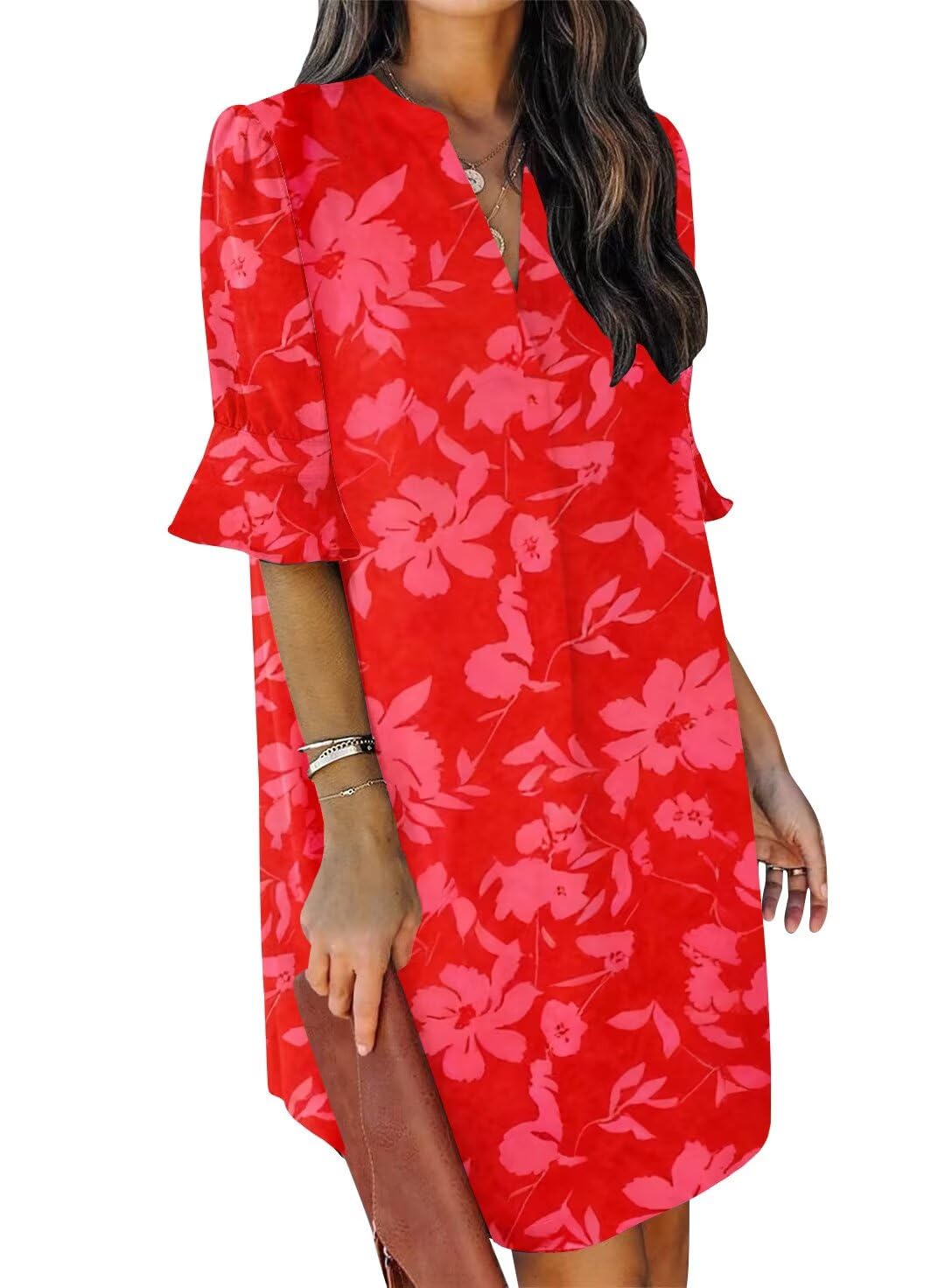 QACOHU Womens Summer Casual V Neck Shift Mini Dress | Flowy Swing Basic Dress, Ruffle Short Sleeve, Floral Boho Style, Wedding Guest Daily Work Clothes, Beach Vacation Outfits