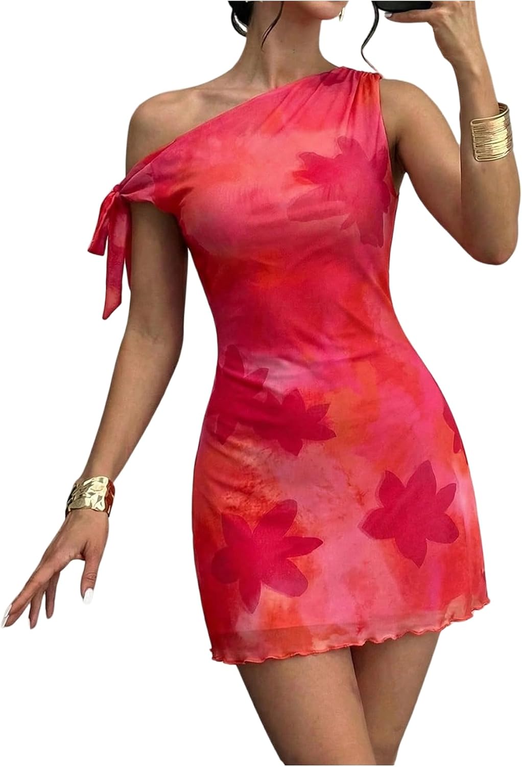 GORGLITTER Women's One Shoulder Wedding Guest Cocktail Mini Dresses | Orange Vacation Beach Sunset Dress, Floral Short Dress, Brunch Outfits, Asymmetrical Dresses