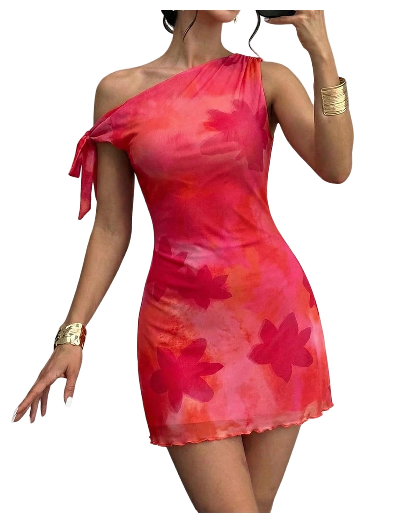 GORGLITTER Women's One Shoulder Wedding Guest Cocktail Mini Dresses | Orange Vacation Beach Sunset Dress, Floral Short Dress, Brunch Outfits, Asymmetrical Dresses