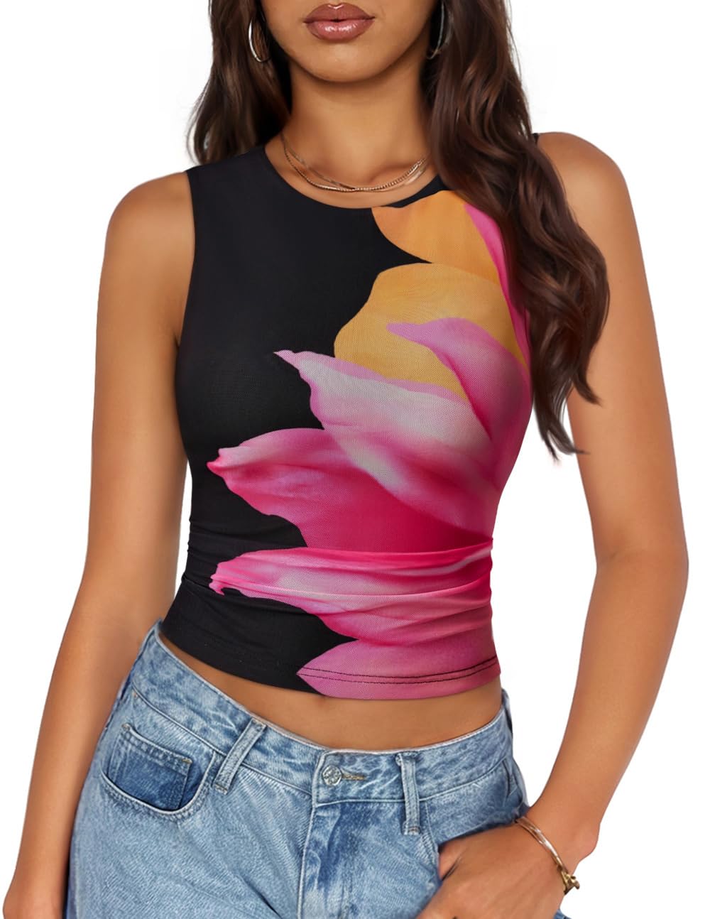 ZESICA Womens Summer Sleeveless Floral Mesh Y2K Going Out Tank Tops | Date Night, Clubwear, Party Tops, Concert Outfits, Beach Vacation, Fashion Trendy Clothes