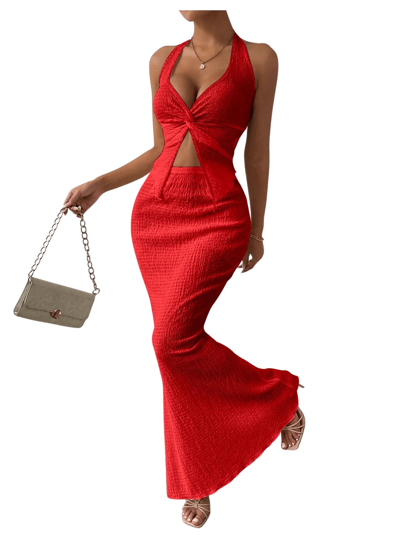 SOLY HUX Women's 2 Piece Outfit Twist Front Halter Cami Skirt Summer Set | Summer Vacation Outfits, Maxi Skirt Set