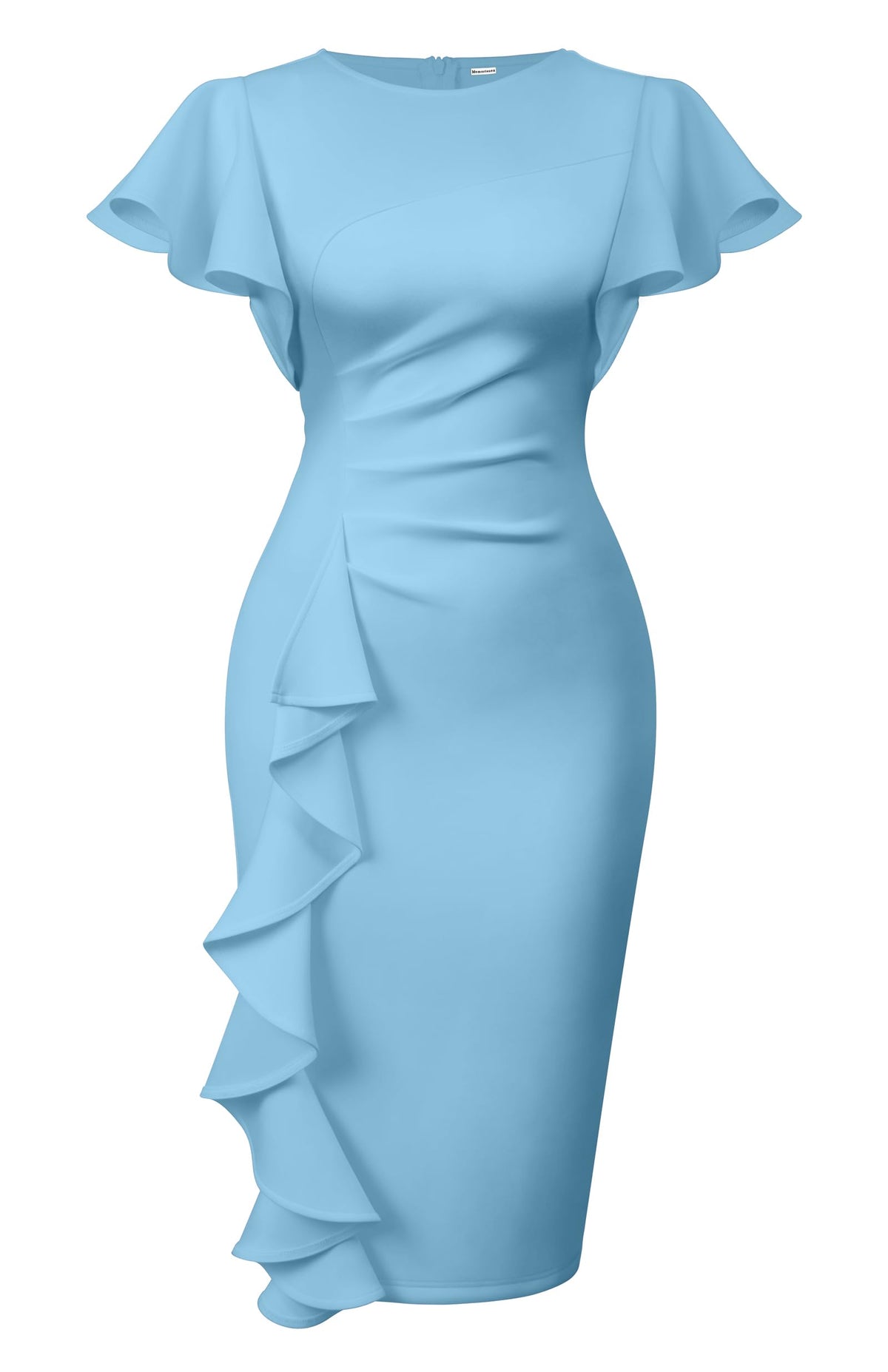 Memoriesea Women's Church Ruffle Sleeve Ruched Work Midi Dress | Back Zipper,Ruched Waist,Knee Length,Classic Sheath Outfits for Office Business Graduation Teacher Formal Cocktail Travel