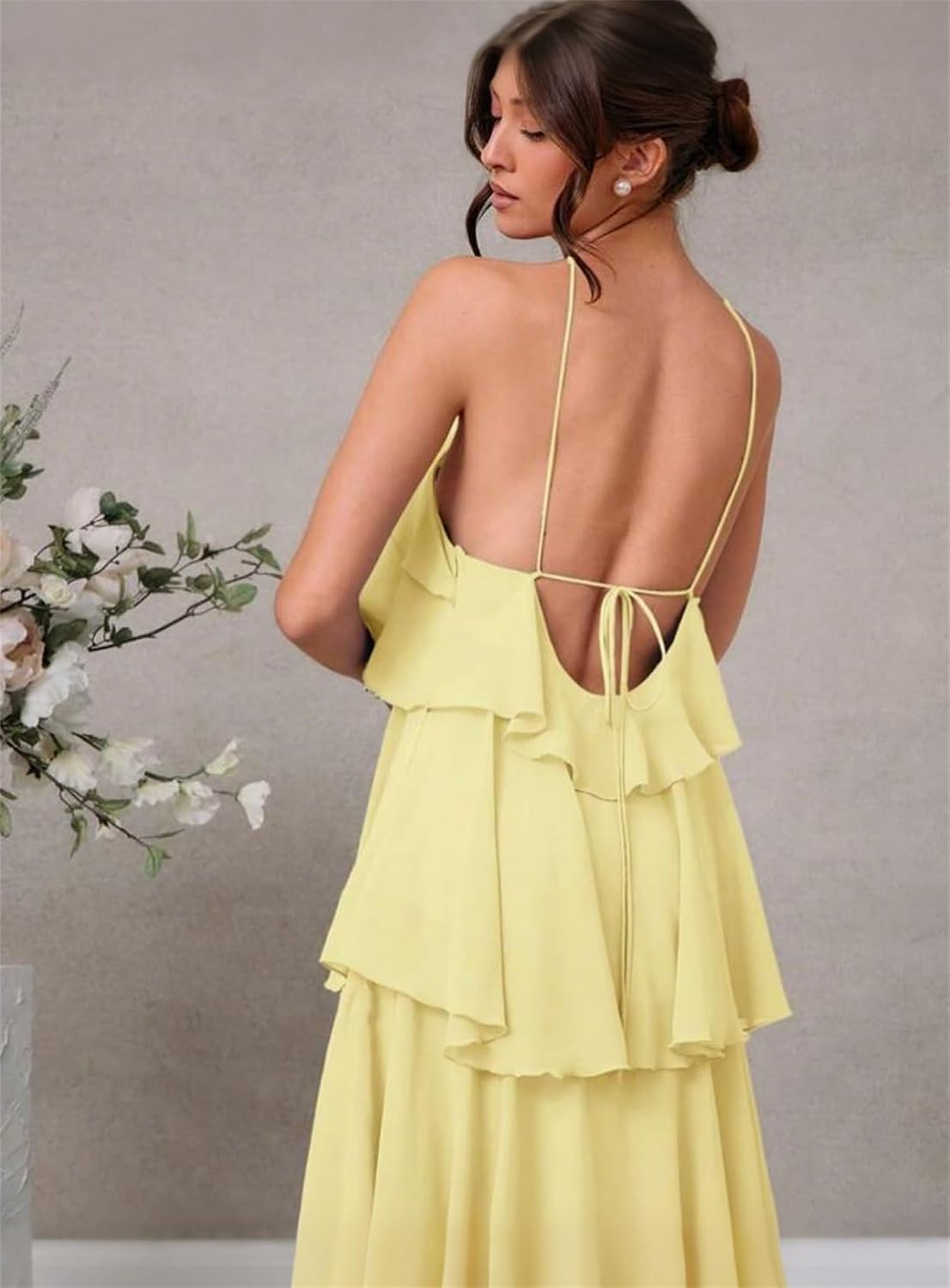 Chiffon Halter Bridesmaid Dresses for Women A Line Tiered Ruffle Long Formal Evening Gown