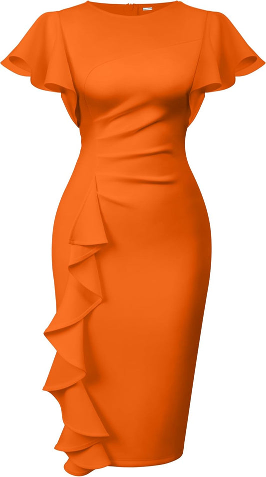 Memoriesea Women's Church Ruffle Sleeve Ruched Work Midi Dress | Back Zipper,Ruched Waist,Knee Length,Classic Sheath Outfits for Office Business Graduation Teacher Formal Cocktail Travel