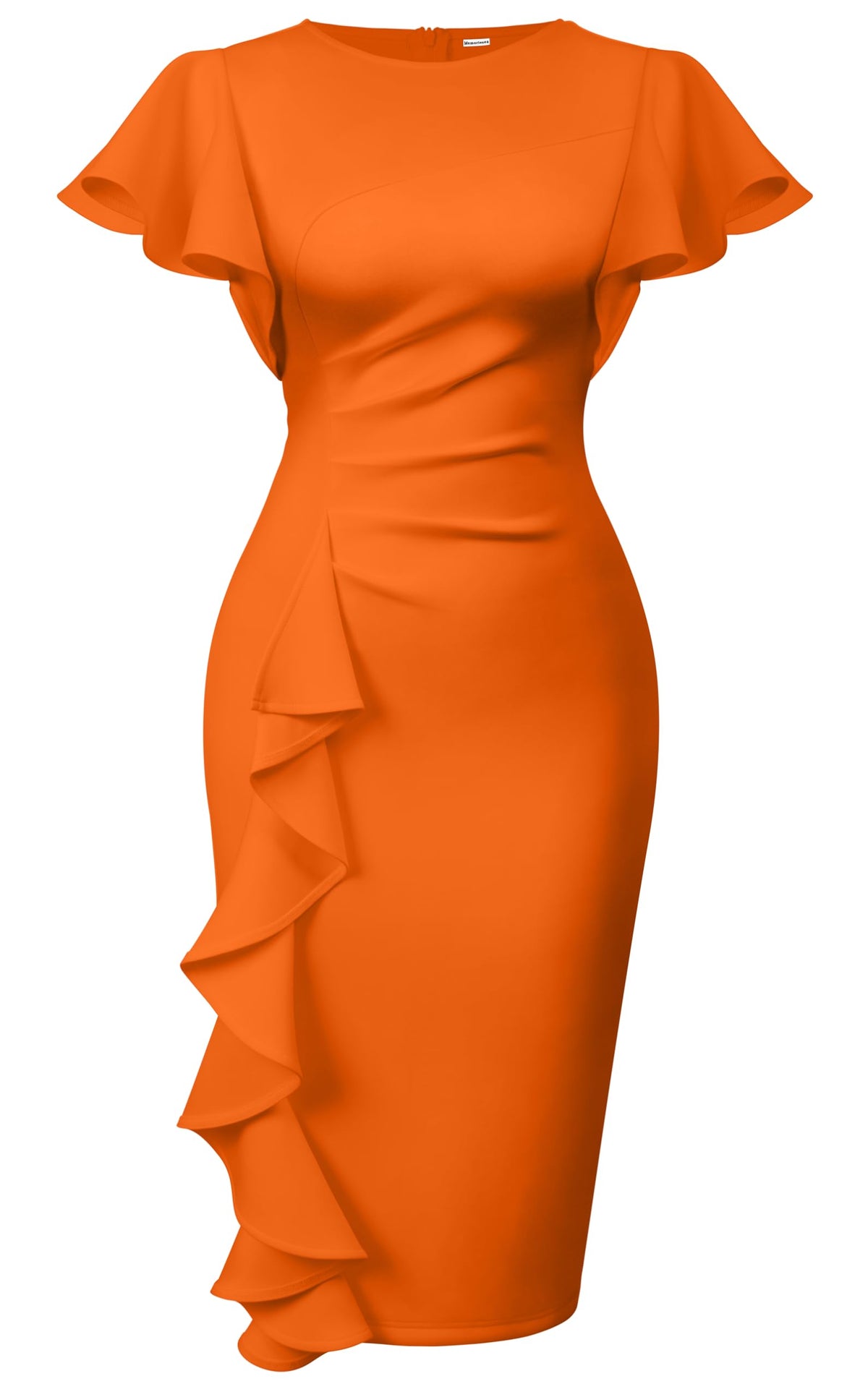 Memoriesea Women's Church Ruffle Sleeve Ruched Work Midi Dress | Back Zipper,Ruched Waist,Knee Length,Classic Sheath Outfits for Office Business Graduation Teacher Formal Cocktail Travel