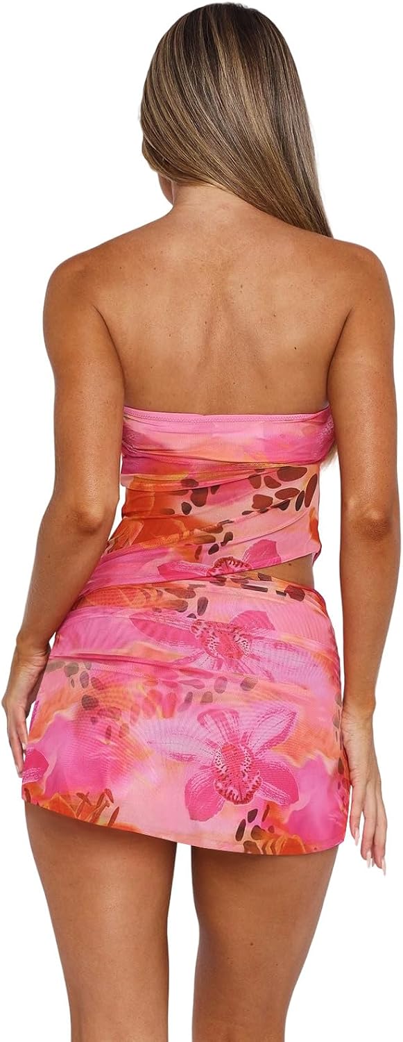 Goafuliy Two Piece Skirt Set for Women Summer Asymmetrical Mesh Strapless Tube Tops Mini Skirt Set Going Out Outfits