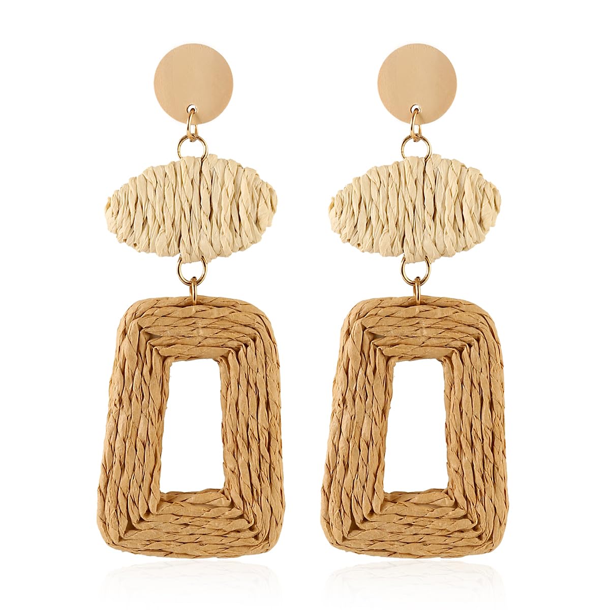 Handmade Raffia Hoop Earrings Statement Tropical Bohemian Straw Dangle Earrings Natural Rattan Vacation Style Round Earrings for Women Summer Beach Party Essential Jewelry