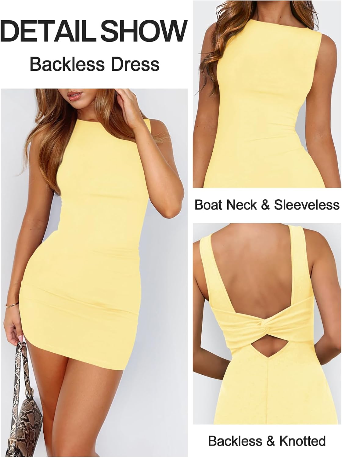 MIYIEONZ Women Backless Mini Dress Formal Short Wedding Guest Dresses | Boat Neck,Sleeveless,Open Back,Knotted,Fitted,Tight,Bodycon Mini Dresses,Sexy Casual,Spring Summer,Cocktail,Going Out Outfits
