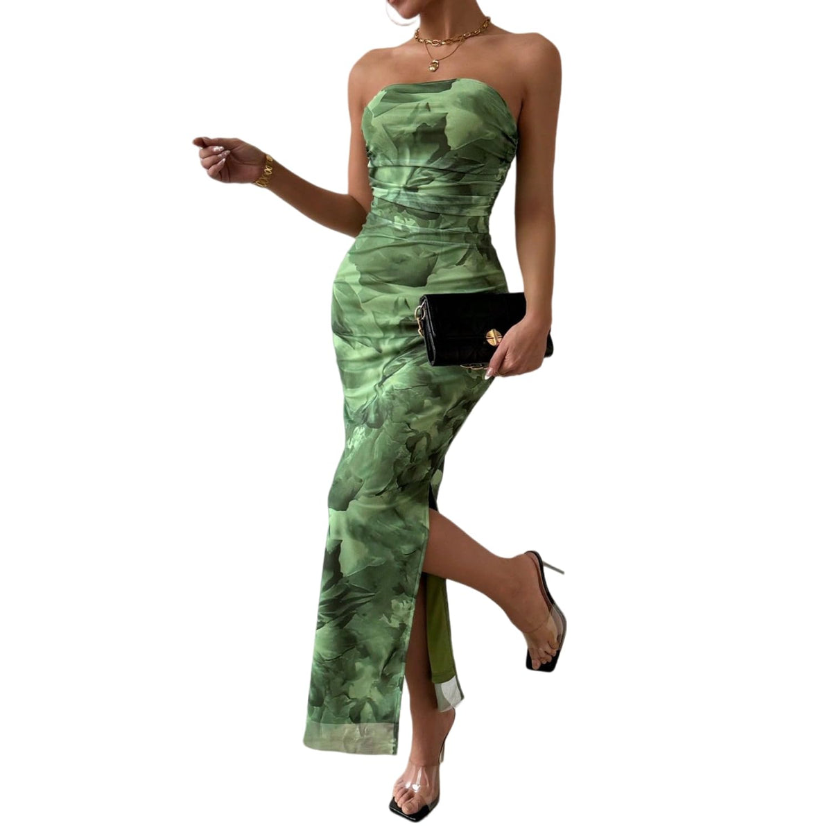 LIGHT DOT Women's Summer Dress Printed Strapless Tube Bodycon Maxi Side Slit Mesh Layered