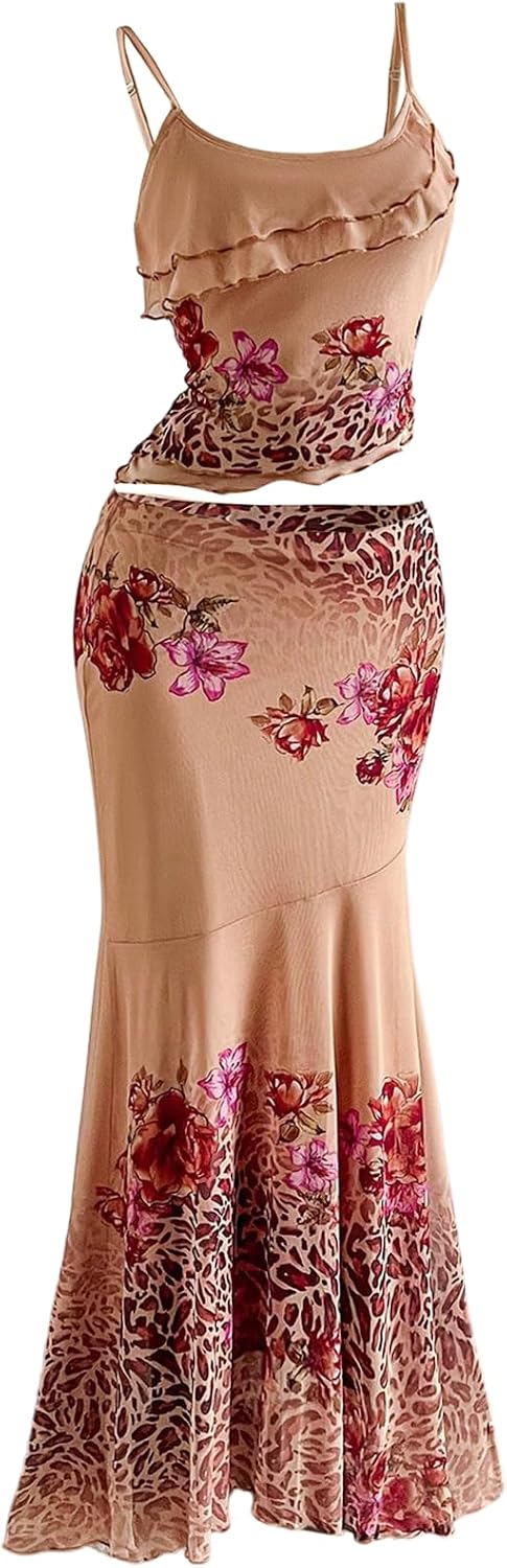 Verdusa Women's Skirt Sets 2 Piece Outfits Cami Top and Maxi Skirt Beach Vacation Spring Break