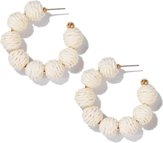 Raffia Beaded Hoop Earrings Boho Statement Chunky Fun Summer Beach Jewelry | Colorful Bead Vintage Dangle Drop Rattan Accessories Unique Trendy Large Beachy Fashion Vacation Tropical Outfits for Women