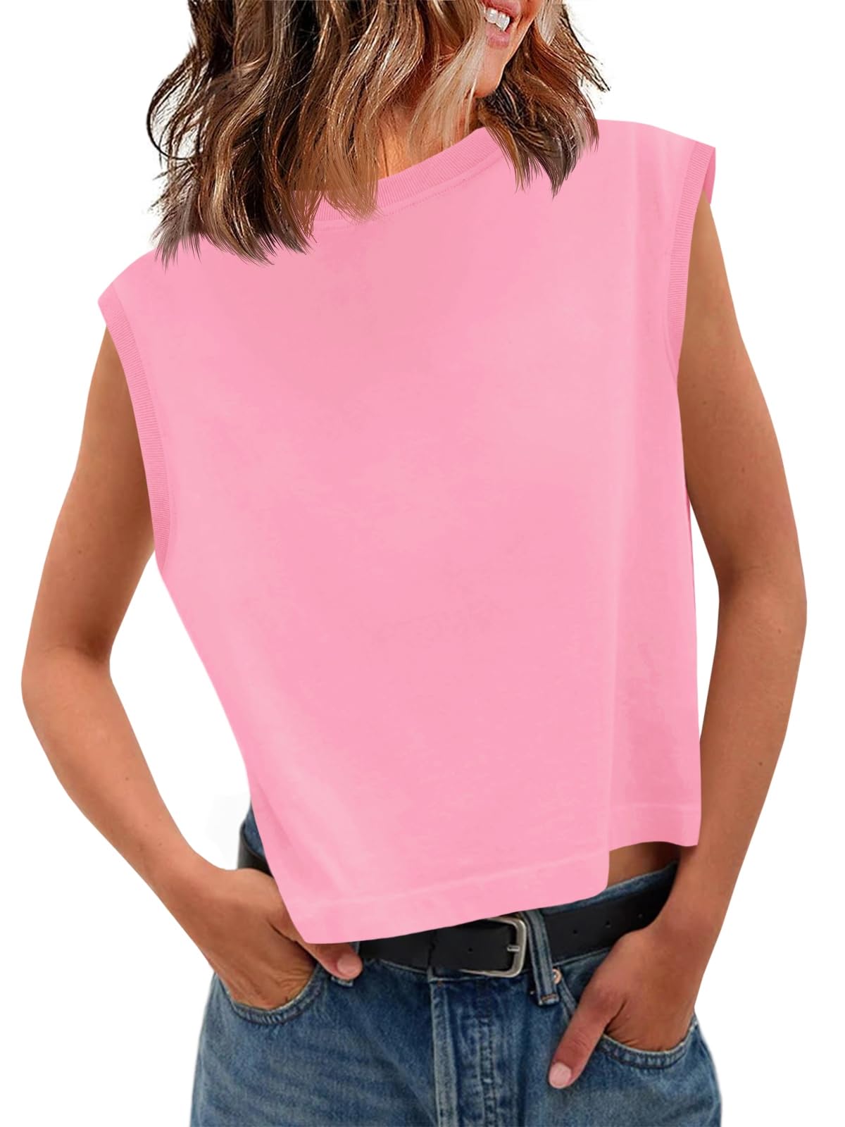 Tankaneo Womens Cropped Cap Sleeve Tank Tops Summer Basic Tee Shirts | Muscle Tank, Crew Neck, Sleeveless Shirts, Loose Fit, Casual Trendy, Boxy