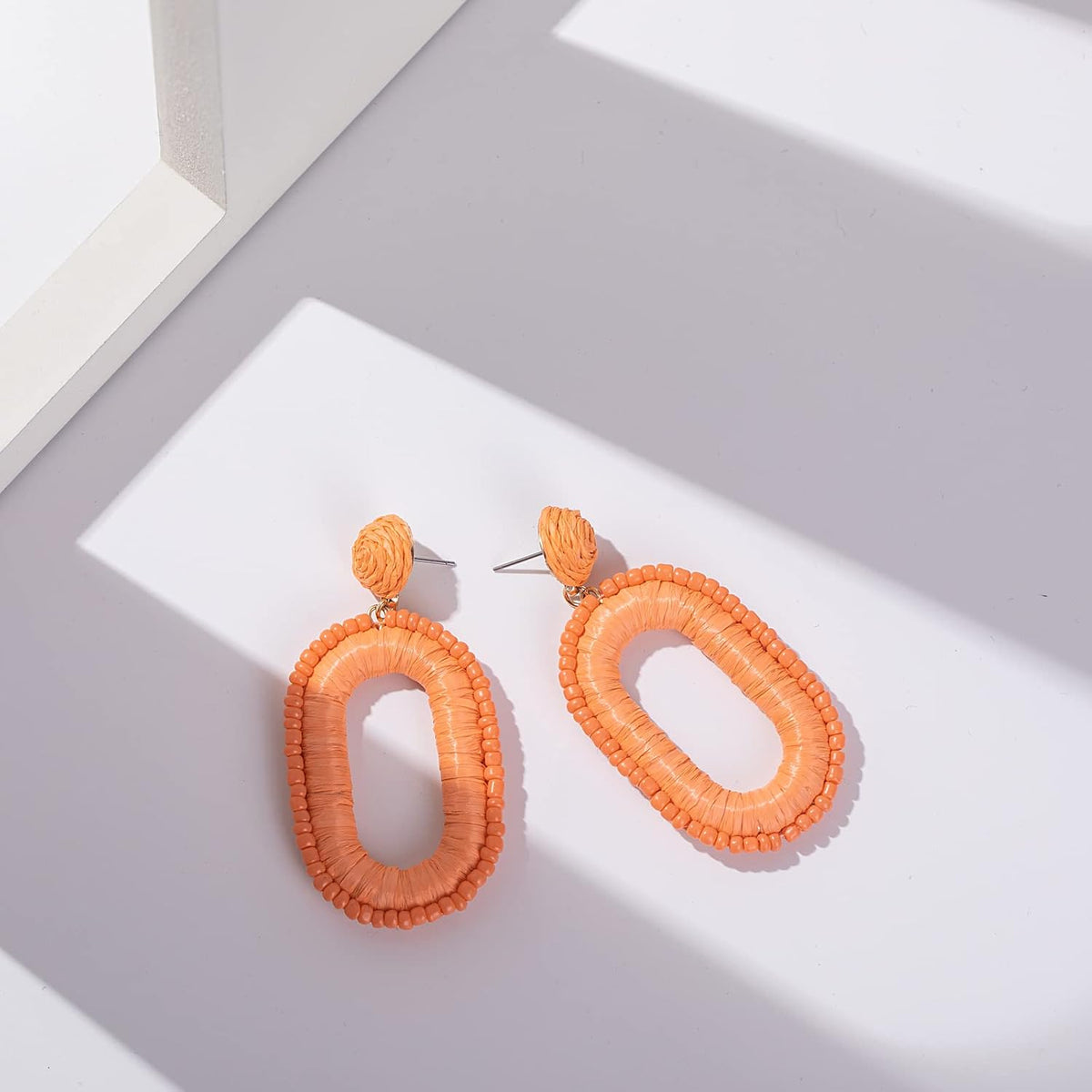 Boho Beaded Raffia Drop Earrings Statement Fun Square Dangle Summer Jewelry | Handmade Colorful Bead Chunky Accessories Big Geometric Dangling Vacation Tropical Bohemian Hawaiian Outfits for Women