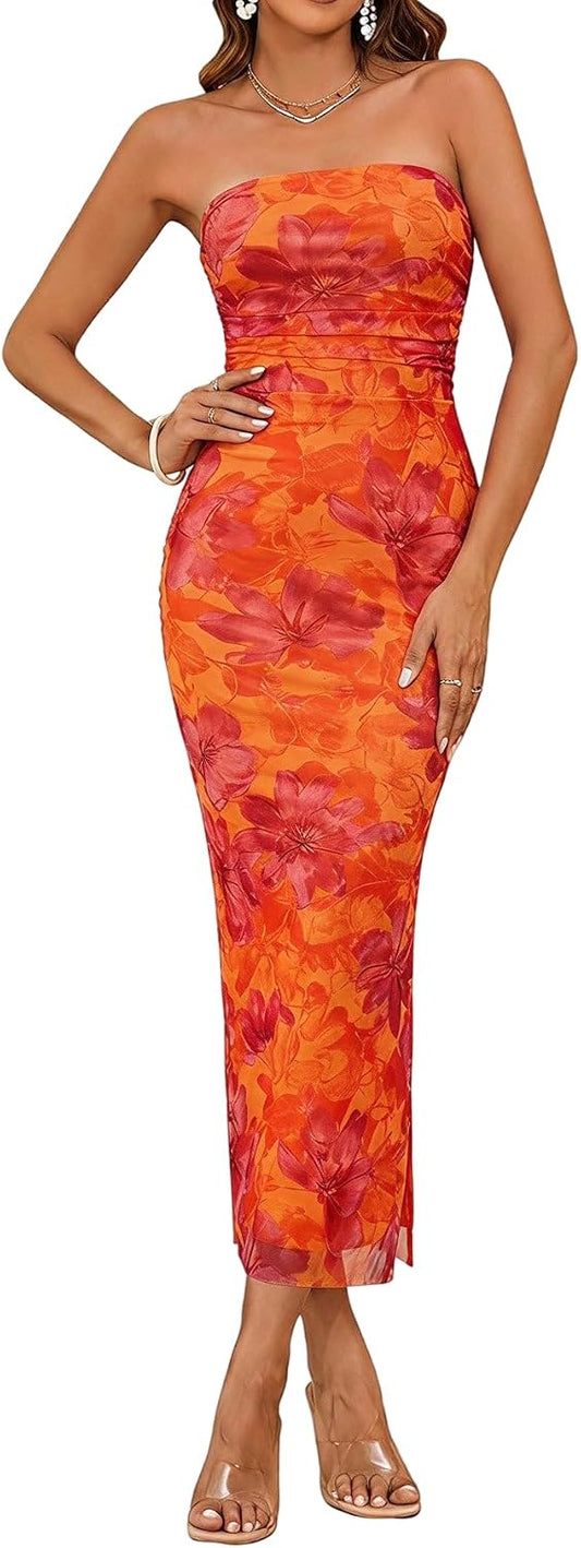 Milumia Women's 2026 Summer Floral Strapeless Tube Top Dresses Side Slit Wedding Guest Bodycon Maxi Dress