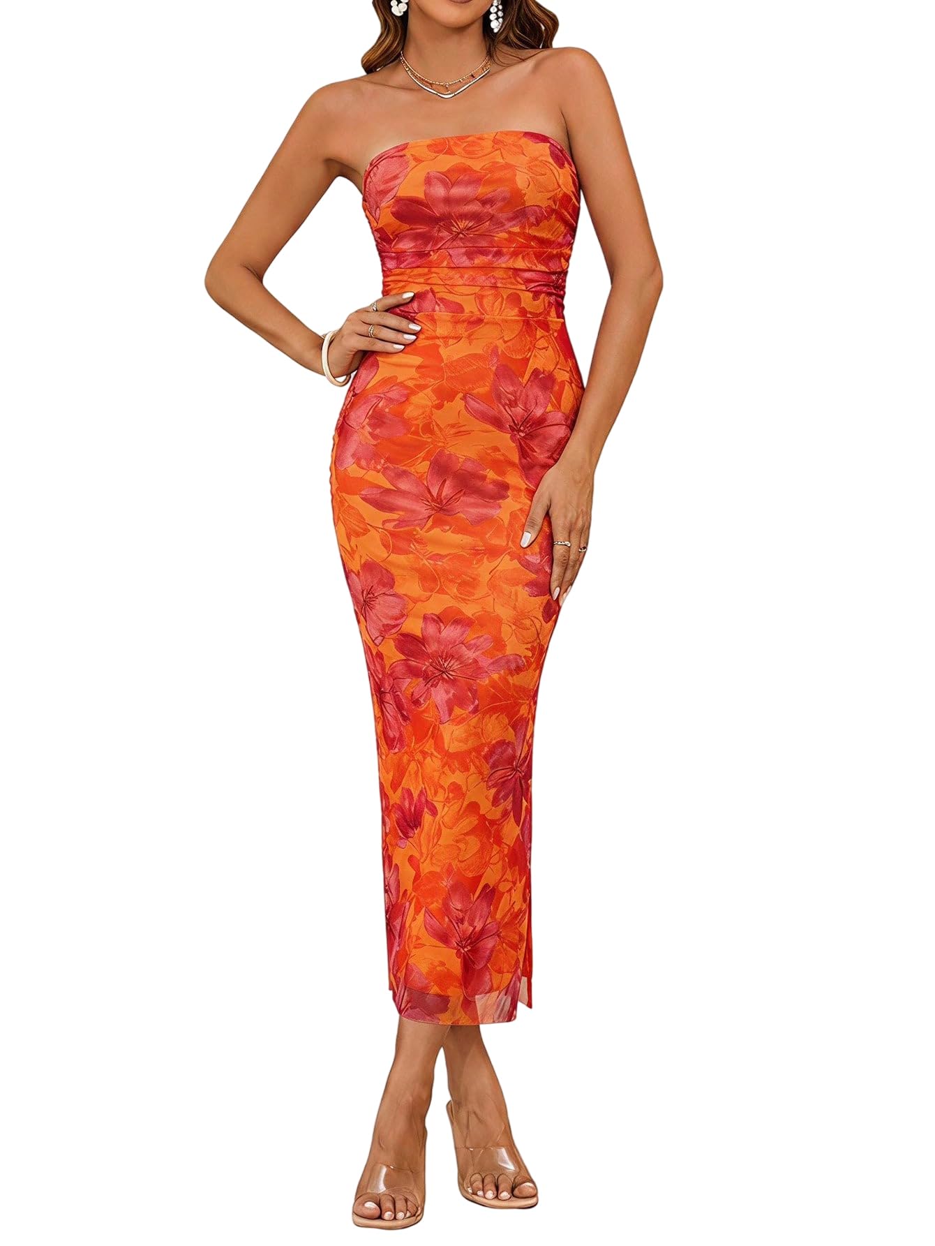 Milumia Women's 2026 Summer Floral Strapeless Tube Top Dresses Side Slit Wedding Guest Bodycon Maxi Dress