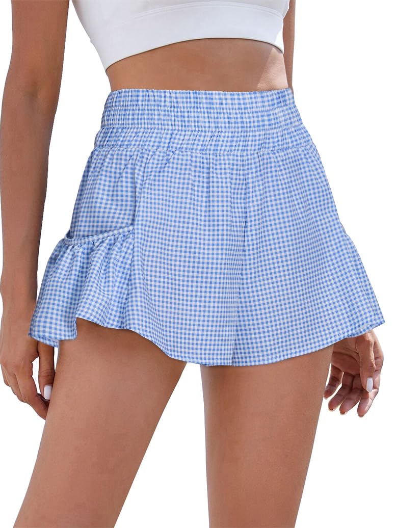 BMJL Womens Athletic Running Shorts 2.5" Flowy High Waisted Ruffle Shorts | workout,gym,two side pockets,elastic high waisted,quick dry fabric,built in liner,solid,gingham,leopard,striped shorts