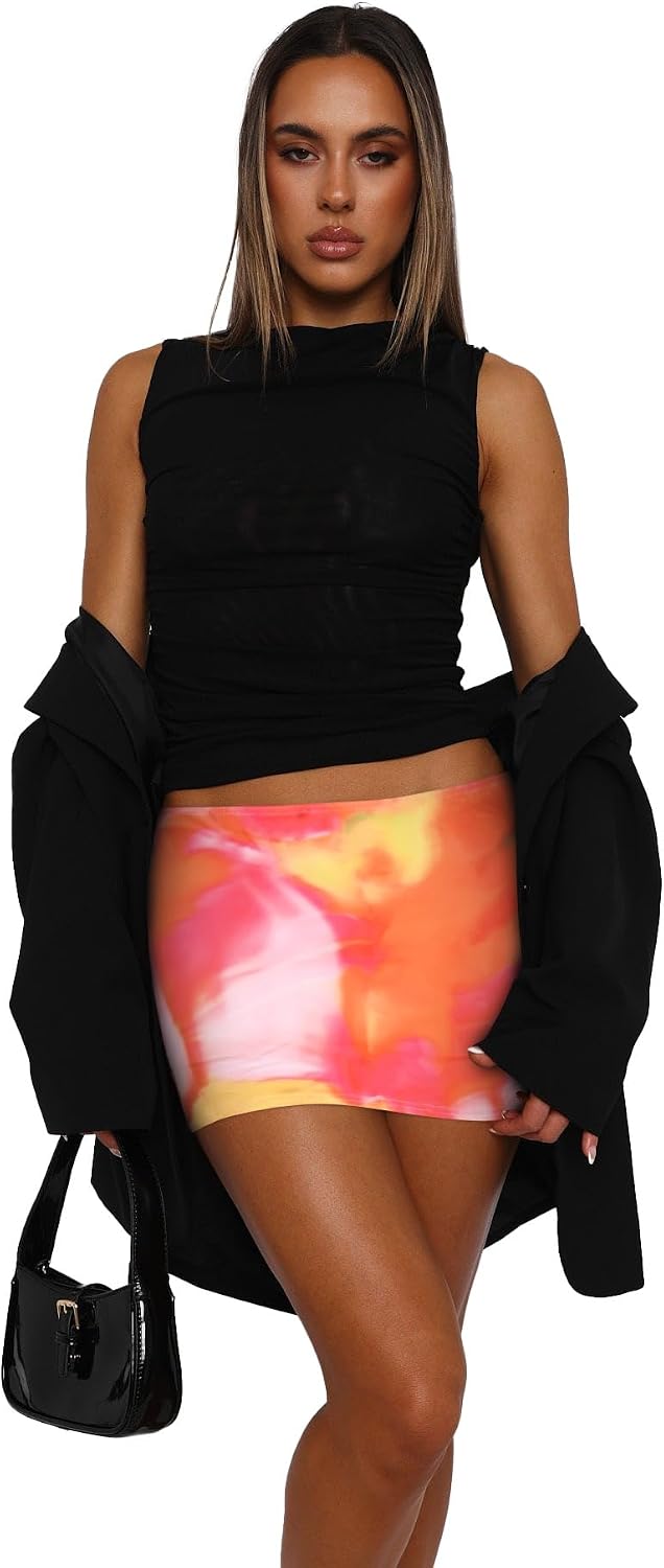 Women Low Rise Mini Skort Floral Beach Skirt with Shorts | Soft lightweight jersey fabric, boho tie dye print, shorts underneath, slim fit, casual, vacation, festival outfits.