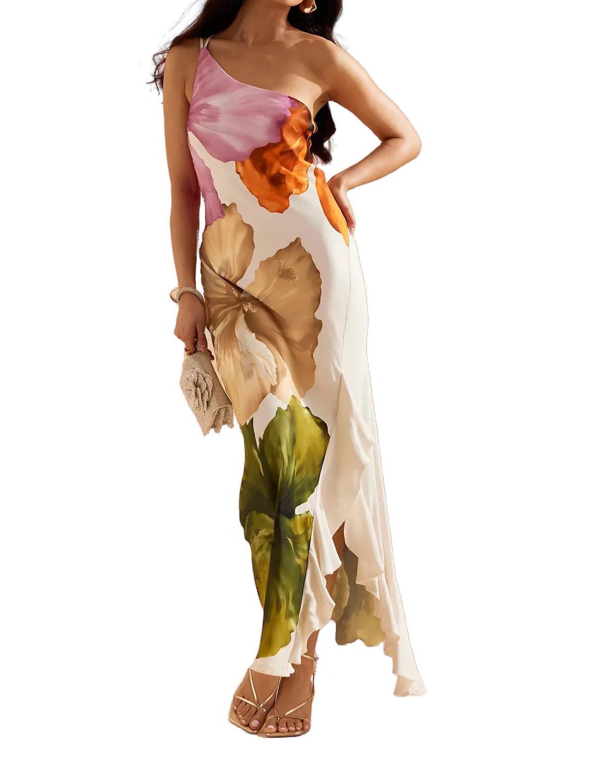 Women's Summer Maxi Casual Floral Ruffle High Low One Shoulder Club Party Long Split Dresses