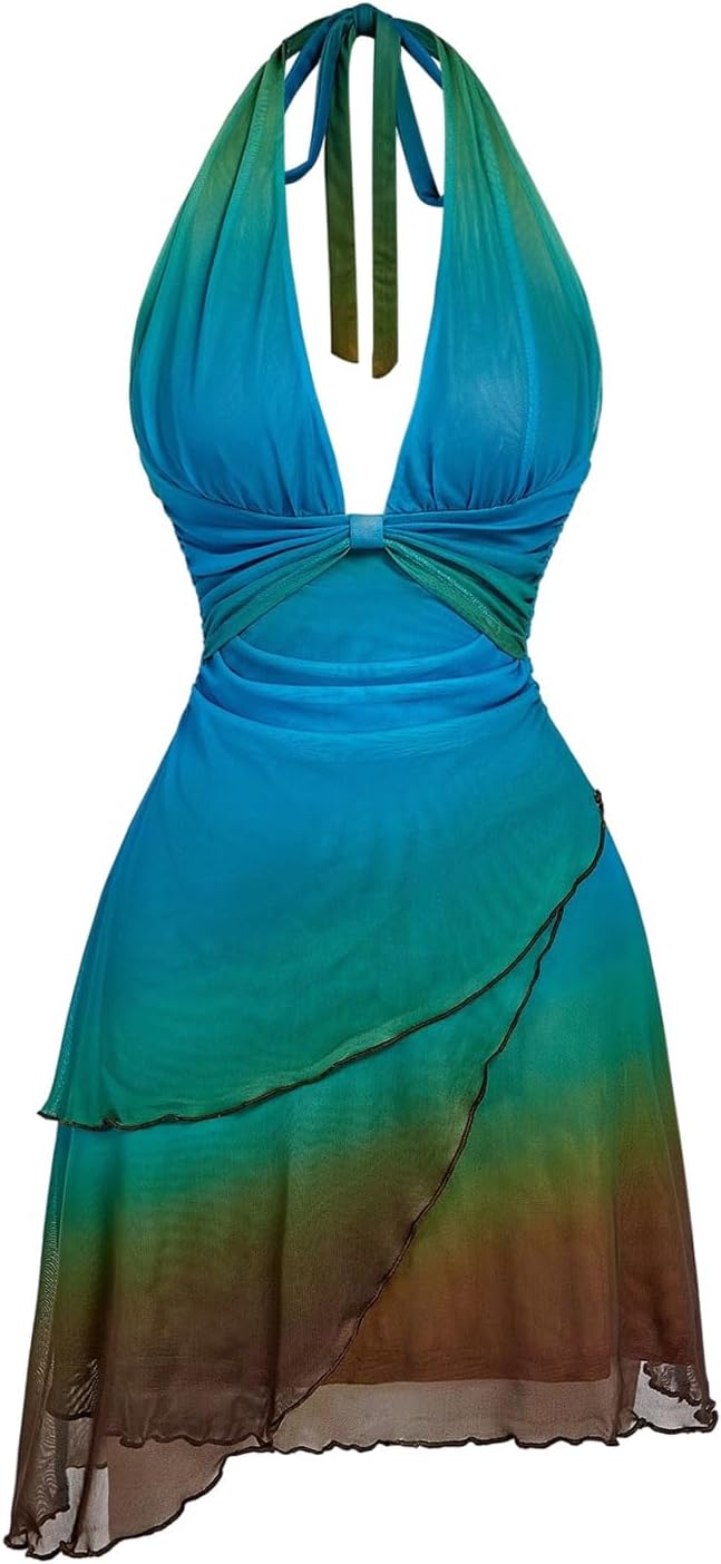 SOLY HUX Women's Halter Mini Sunset Dresses Ombre Beach Summer Dress | Backless, Deep V Neck, Tequila Sunrise Dress, Tropical Outfit