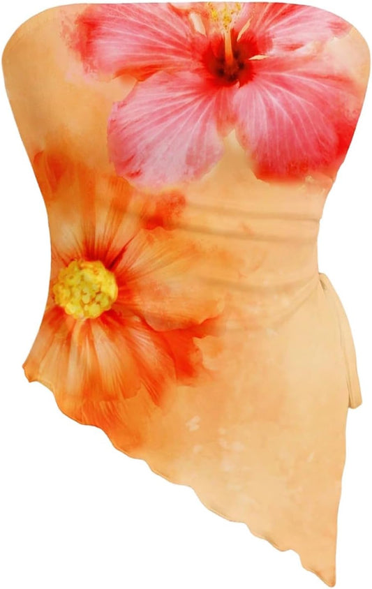 WDIRARA Women's Floral Strapless Side Ruched Asymmetrical Hem Tube Top | Y2k Floral, Strapless, Asymmetrical Hem, Side Ruched, Bandeau Crop Top