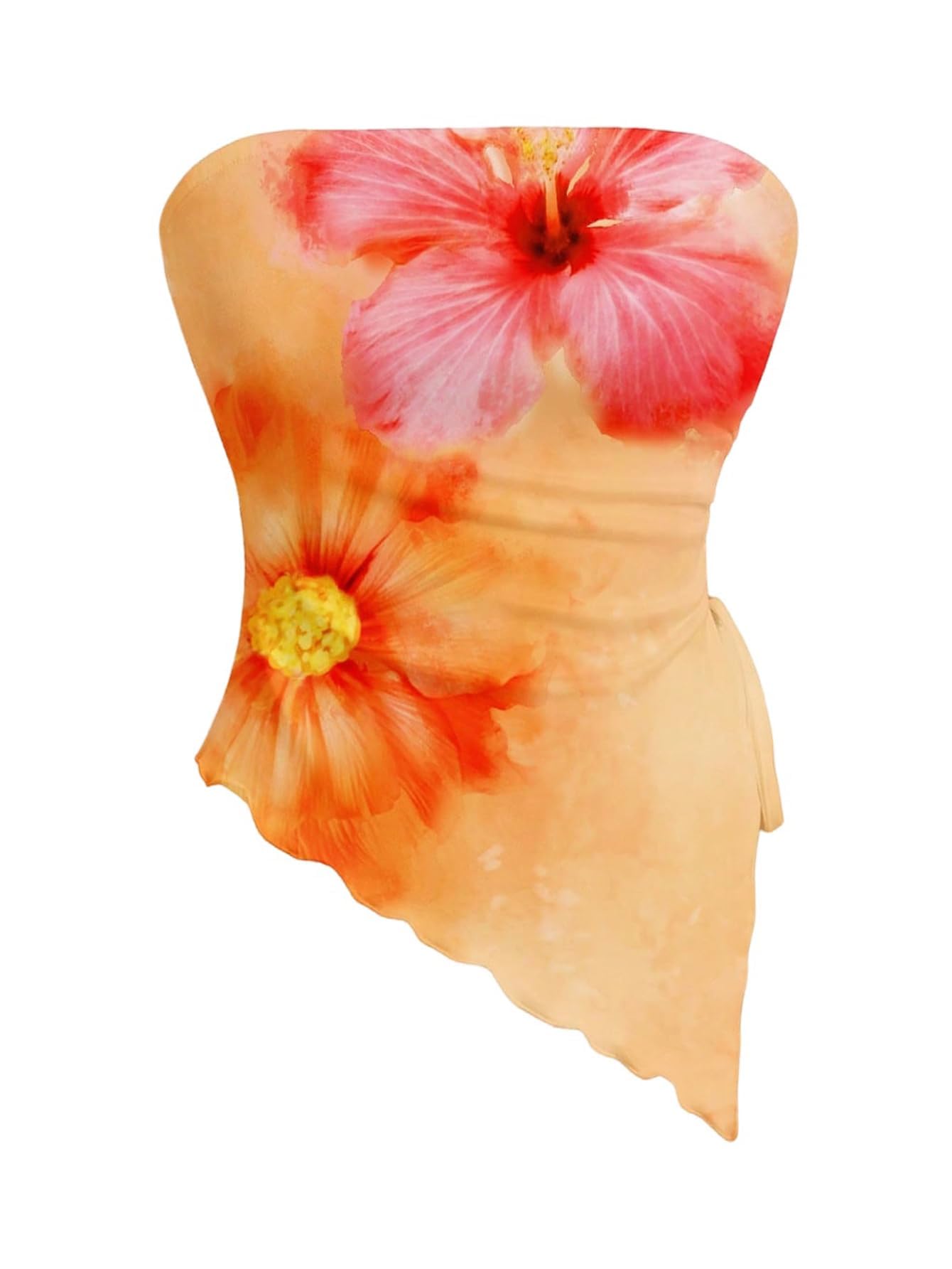 WDIRARA Women's Floral Strapless Side Ruched Asymmetrical Hem Tube Top | Y2k Floral, Strapless, Asymmetrical Hem, Side Ruched, Bandeau Crop Top