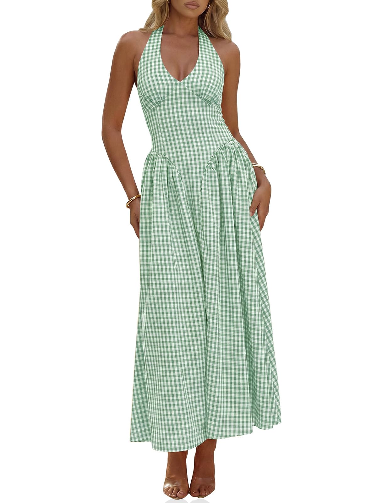 Wenrine Womens Halter V Neck Corset Maxi Dresses Summer Plaid Smocked Dress | Tie Back, Backless, Wedding Guest, Drop Waist, Sleeveless, Gingham, Pleated, Long dress with Pockets