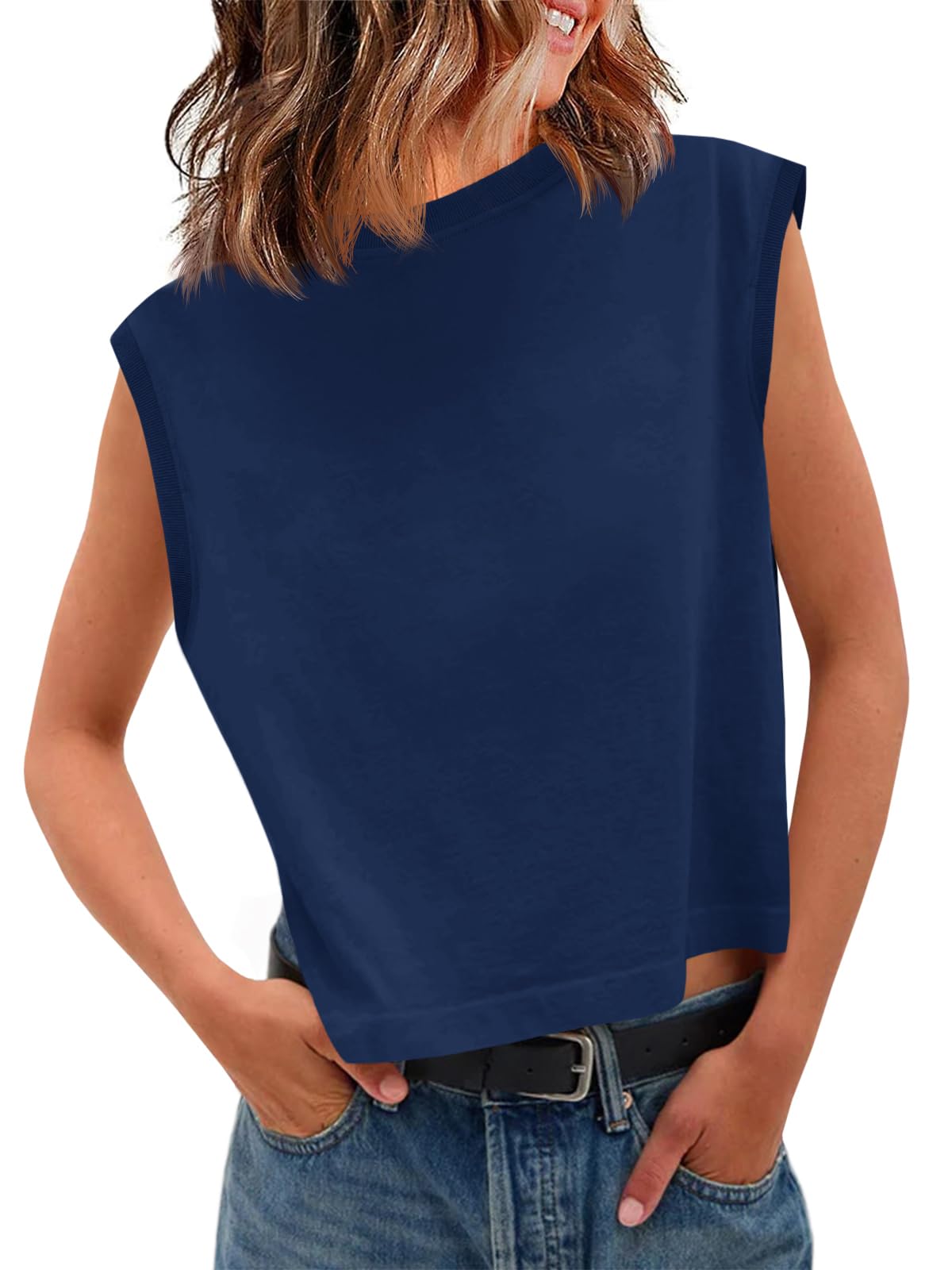 Tankaneo Womens Cropped Cap Sleeve Tank Tops Summer Basic Tee Shirts | Muscle Tank, Crew Neck, Sleeveless Shirts, Loose Fit, Casual Trendy, Boxy