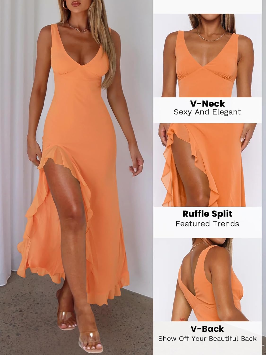 MIYIEONZ Summer Wedding Guest Dresses for Women Formal Maxi Dress | Mesh,v neck,high slit,Sleeveless,backless,long,bodycon,ruffle midi dress,sexy flowy elegant,spring y2k,party cocktail outfits