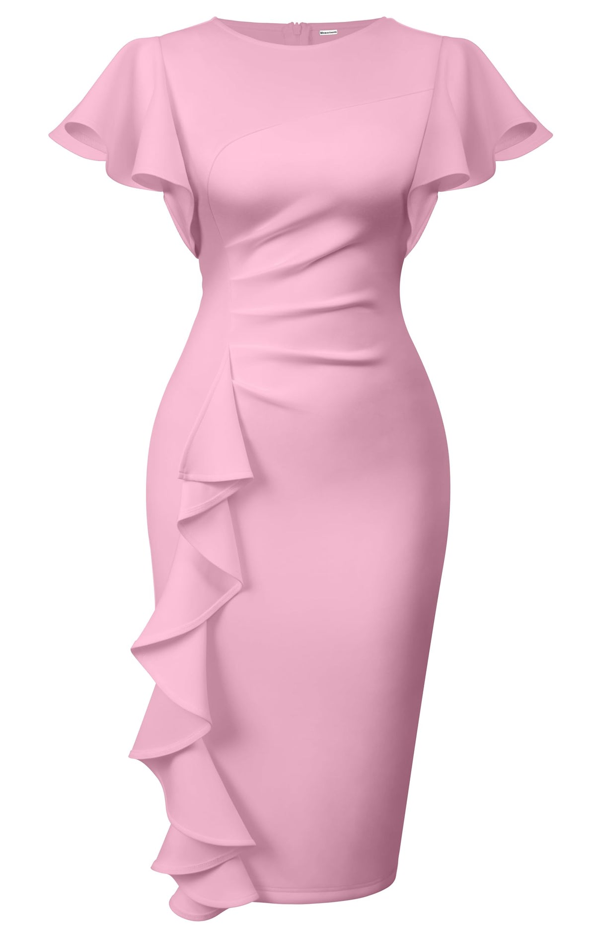 Memoriesea Women's Church Ruffle Sleeve Ruched Work Midi Dress | Back Zipper,Ruched Waist,Knee Length,Classic Sheath Outfits for Office Business Graduation Teacher Formal Cocktail Travel
