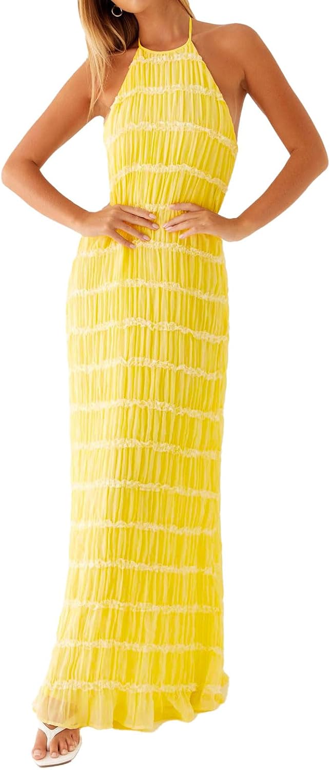 ABYOVRT Women Backless Dress Sleeveless Textured Halter Open Back Maxi Dresses Vacation Wedding Guest