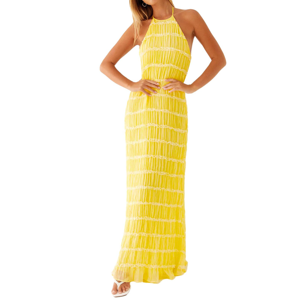 ABYOVRT Women Backless Dress Sleeveless Textured Halter Open Back Maxi Dresses Vacation Wedding Guest