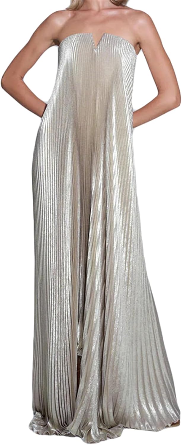 Qikaka Women's Sleeveless Off Shoulder Satin Pleated Ruffles Bodycon Sexy Nightclub Party Dress