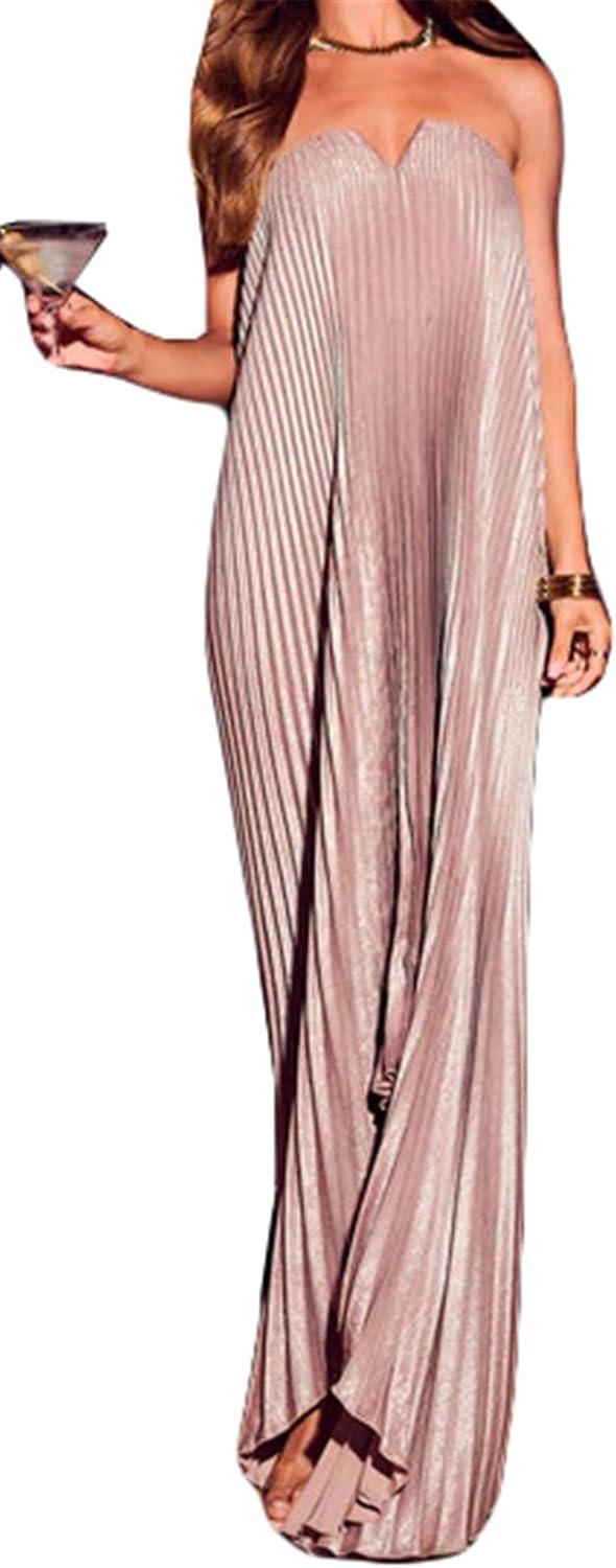 Qikaka Women's Sleeveless Off Shoulder Satin Pleated Ruffles Bodycon Sexy Nightclub Party Dress