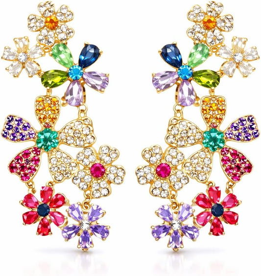 Colorful Flower Statement Earrings for Women, Multicolor Crystal Rhinestone Floral Drop Dangle Earrings, Gold Tone Boho Long Earrings for Party Wedding Vacation Festival Gift