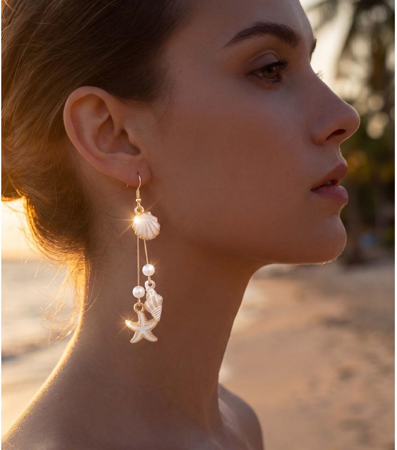 Gold Starfish Shell Dangle Drop Earrings Summer Beach Jewelry for Women | Boho Conch Shell Drop Earrings Ocean Beach Jewelry for Summer Vacation Outfits Accessories