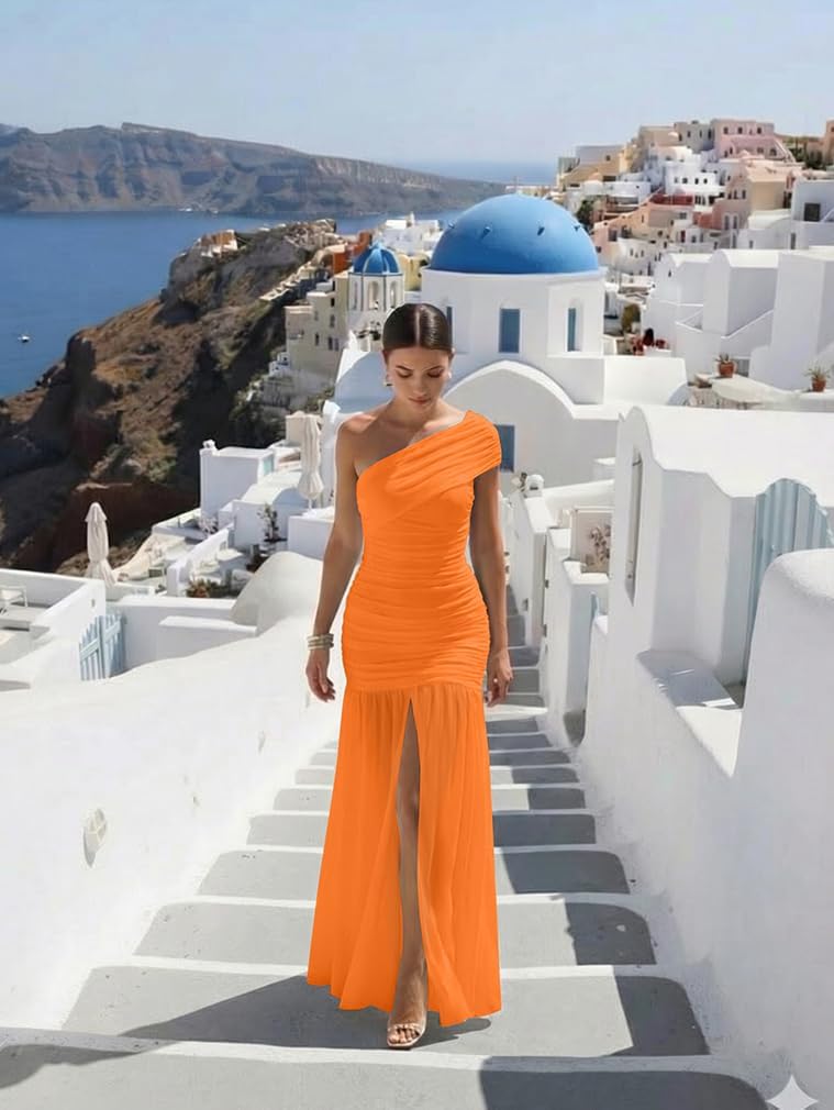 LAGSHIAN Womens Formal One Shoulder Sleeveless Evening Long Dress | Elegant Bodycon Mesh Ruched Cocktail Party Maxi Dress, Classy Slim Fit Wedding Dresses,Stretch,Flowing Sheer Hem