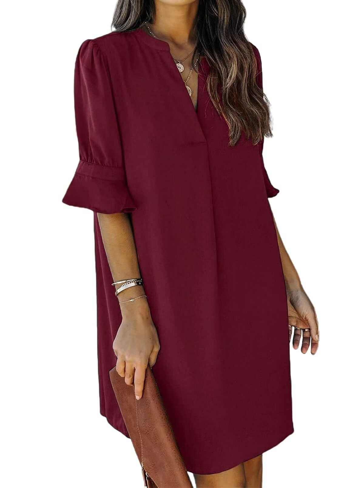 QACOHU Womens Summer Casual V Neck Shift Mini Dress | Flowy Swing Basic Dress, Ruffle Short Sleeve, Floral Boho Style, Wedding Guest Daily Work Clothes, Beach Vacation Outfits
