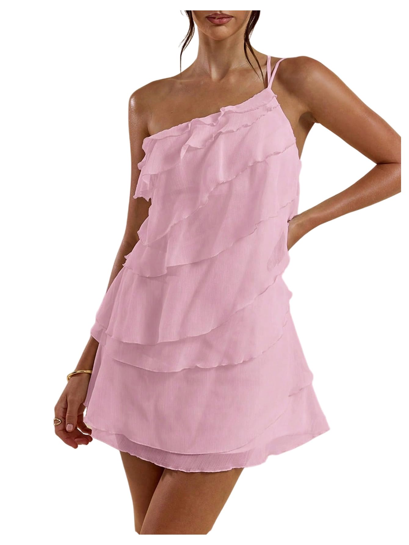 SOLY HUX Women's One Shoulder Ruffle Mini Dress | Ruffle,Mesh,Layered,Backless,Party Dresses,Cocktail