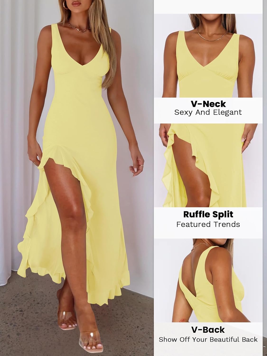 MIYIEONZ Summer Wedding Guest Dresses for Women Formal Maxi Dress | Mesh,v neck,high slit,Sleeveless,backless,long,bodycon,ruffle midi dress,sexy flowy elegant,spring y2k,party cocktail outfits