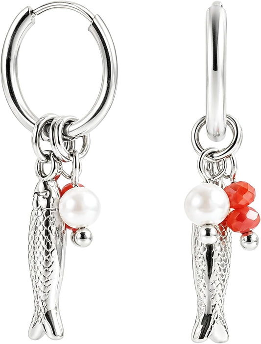 Beach Fish Earrings for Women Gold Fish Pearl Beads Drop Earring Boho Ocean Waterproof Earring Summer Fashion Jewelry Accessories Gifts