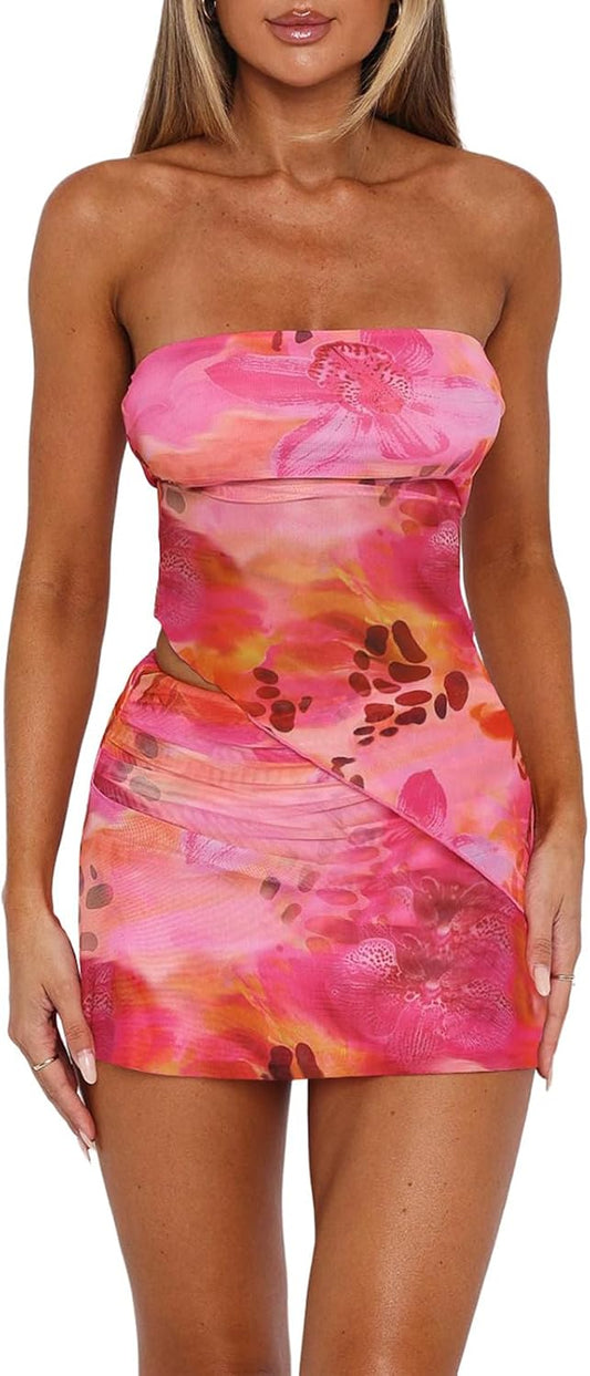 Goafuliy Two Piece Skirt Set for Women Summer Asymmetrical Mesh Strapless Tube Tops Mini Skirt Set Going Out Outfits