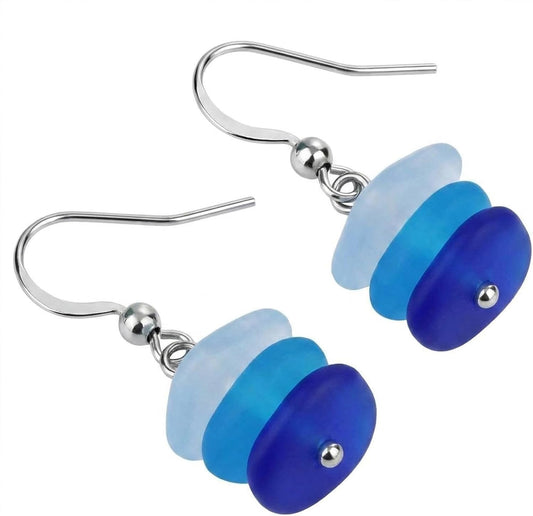 1 Pair Sea Glass Drop Dangle Earrings, Blue White Three Layer Gradient Handmade Sea Glass Jewelry for Women Beach Coastal Vacation